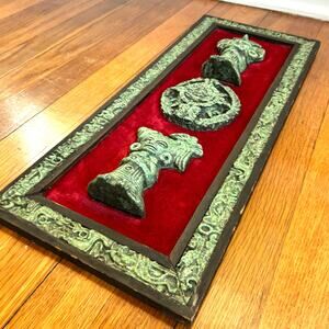 Vintage Aztec Crushed Malachite Over Red Velvet Folk Art Hanging Wall Plaque